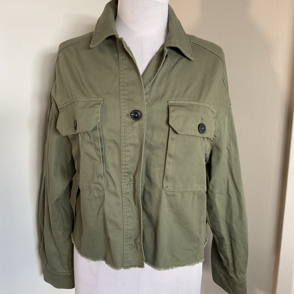 RACHEL Rachel Roy Raw Hem Utility Jacket in Olive Size Medium 100% Cotton - Picture 2 of 6